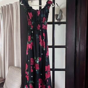 Lisa Says Gah Smocked Floral Black & Red Maxi Dress